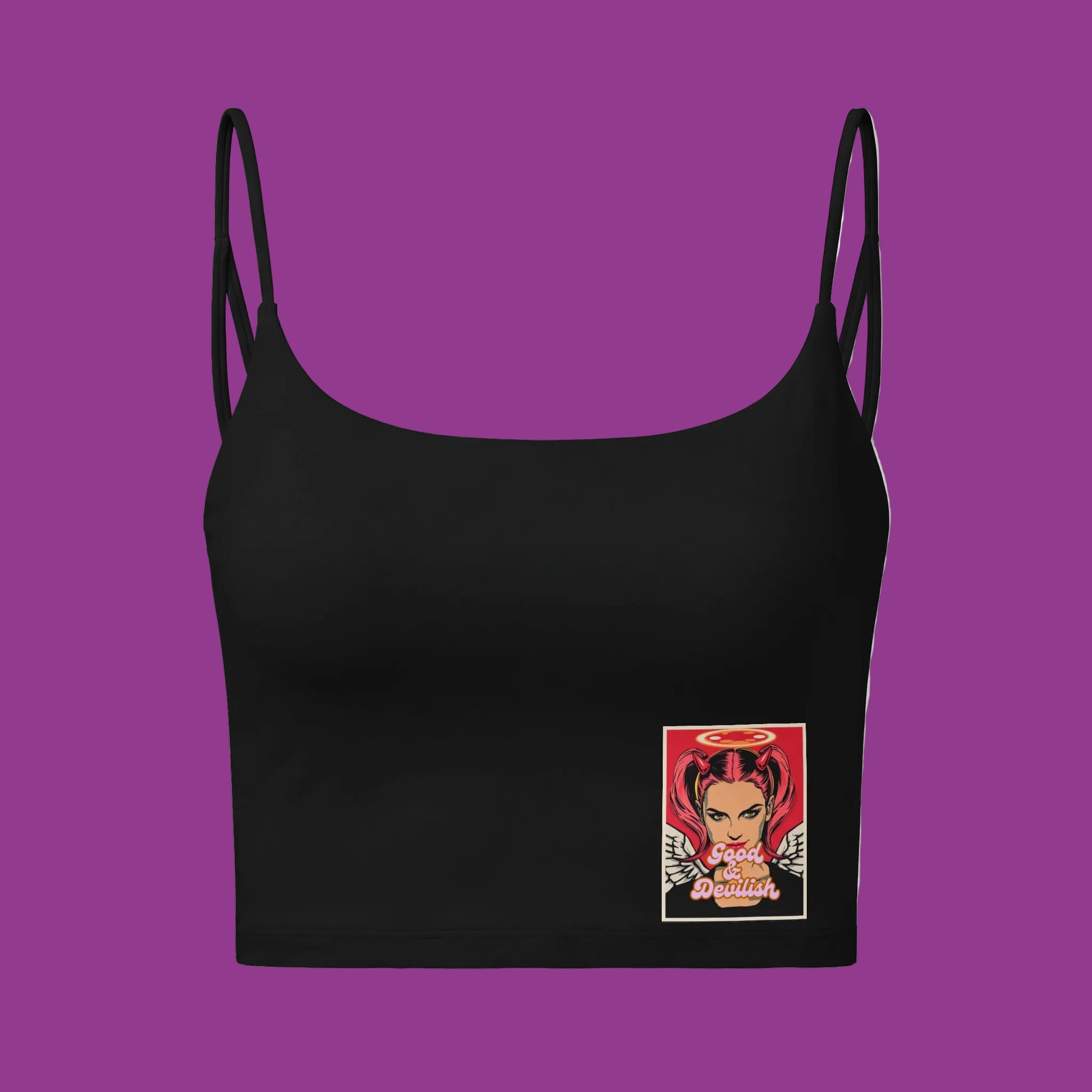 Black crop top with a graphic design on a purple background