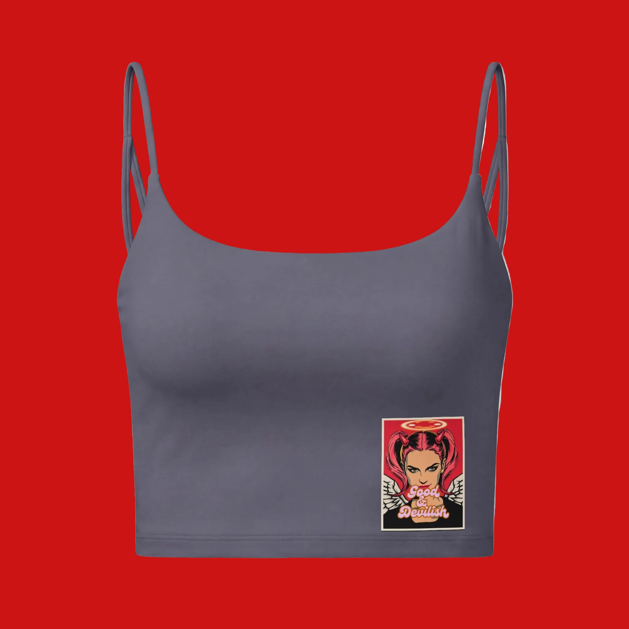 Gray crop top with a graphic design on a red background