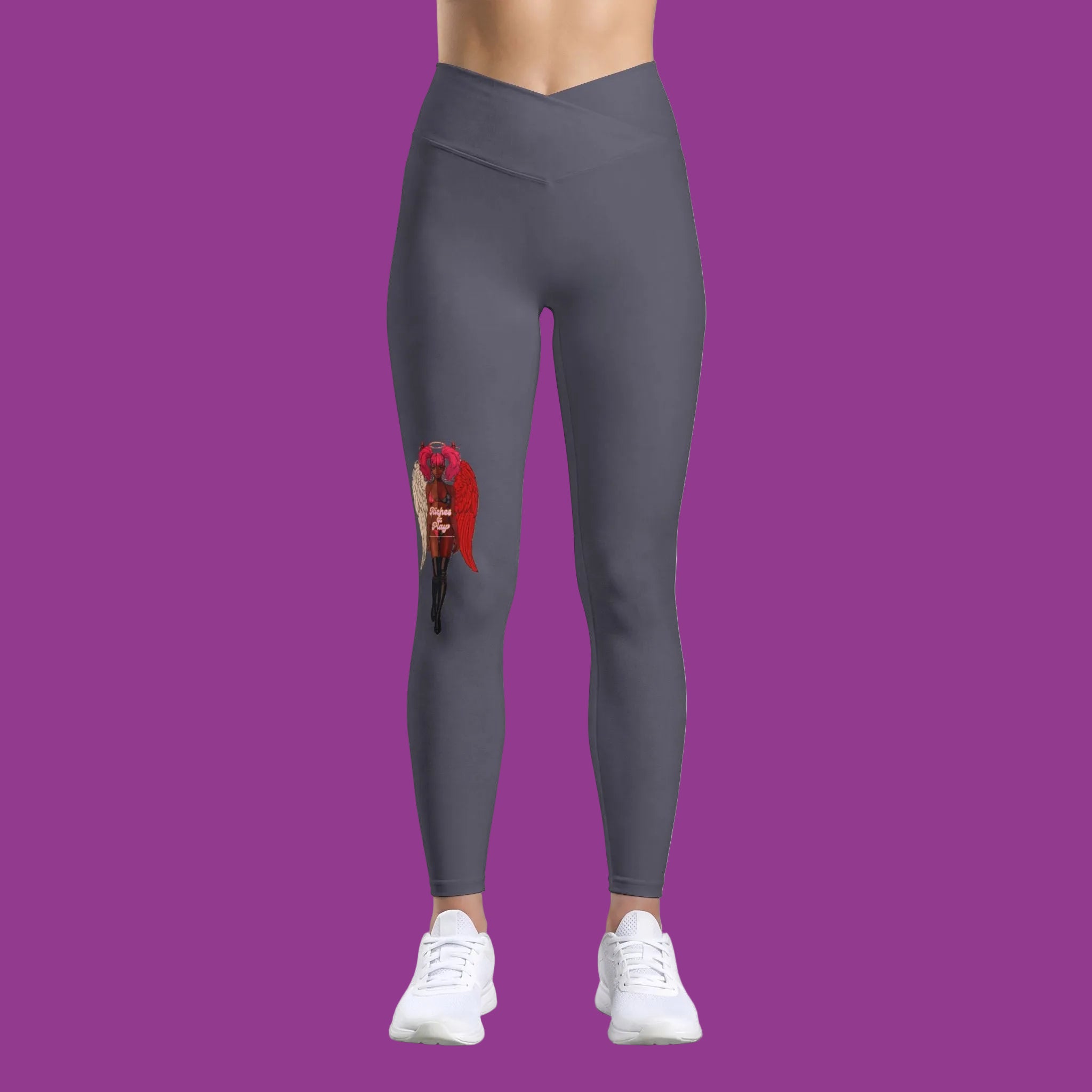 Gray leggings with a red and black design on a purple background