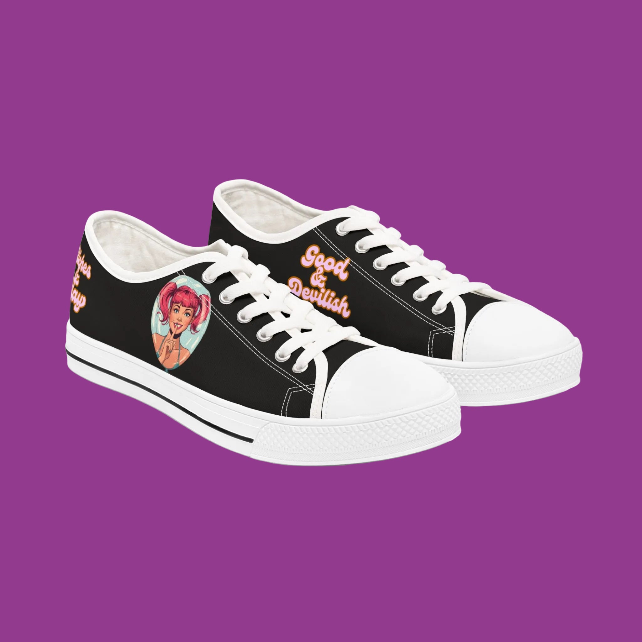 Black sneakers with white laces and a graphic design on a purple background