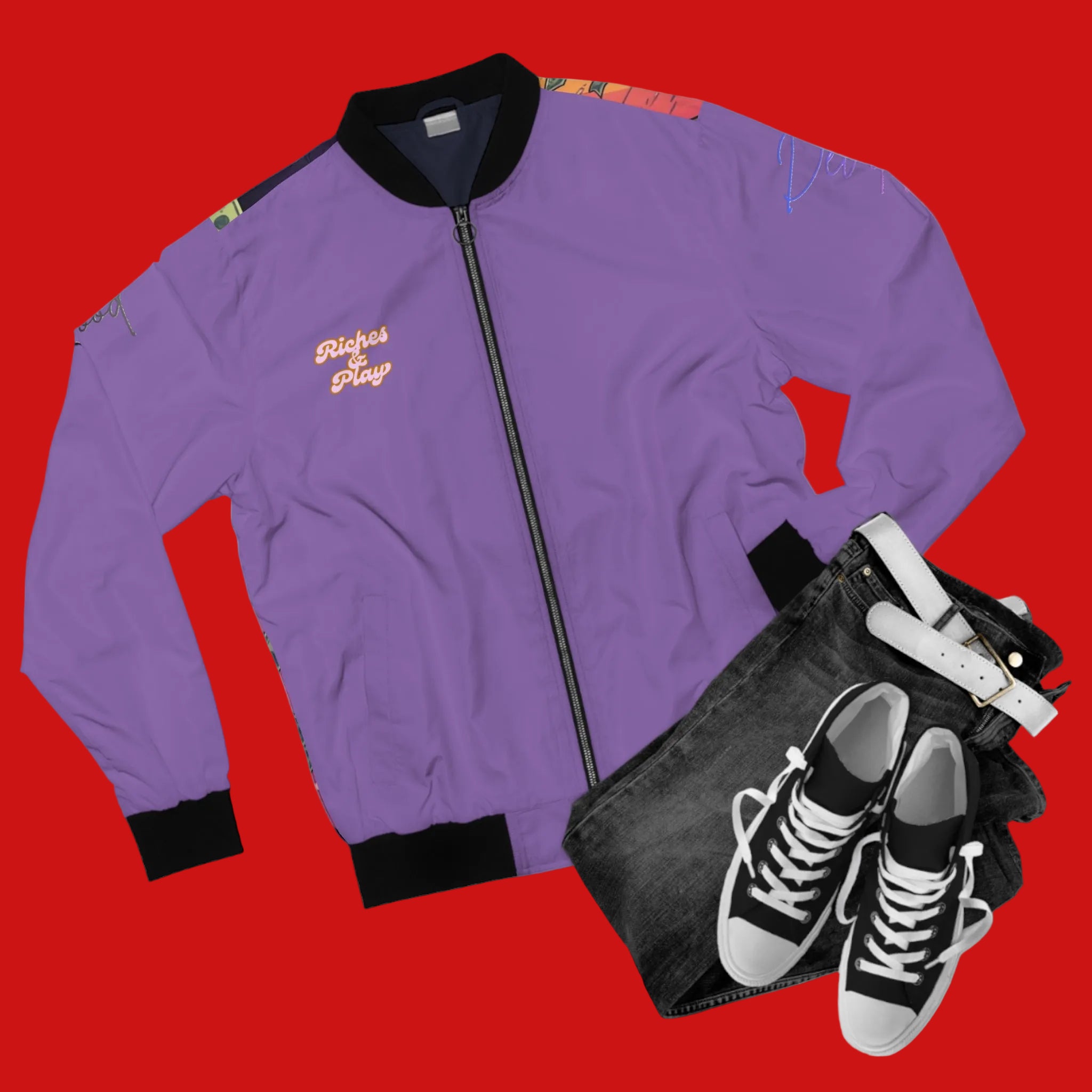 Purple jacket with text, black jeans, and black sneakers on a light gray background