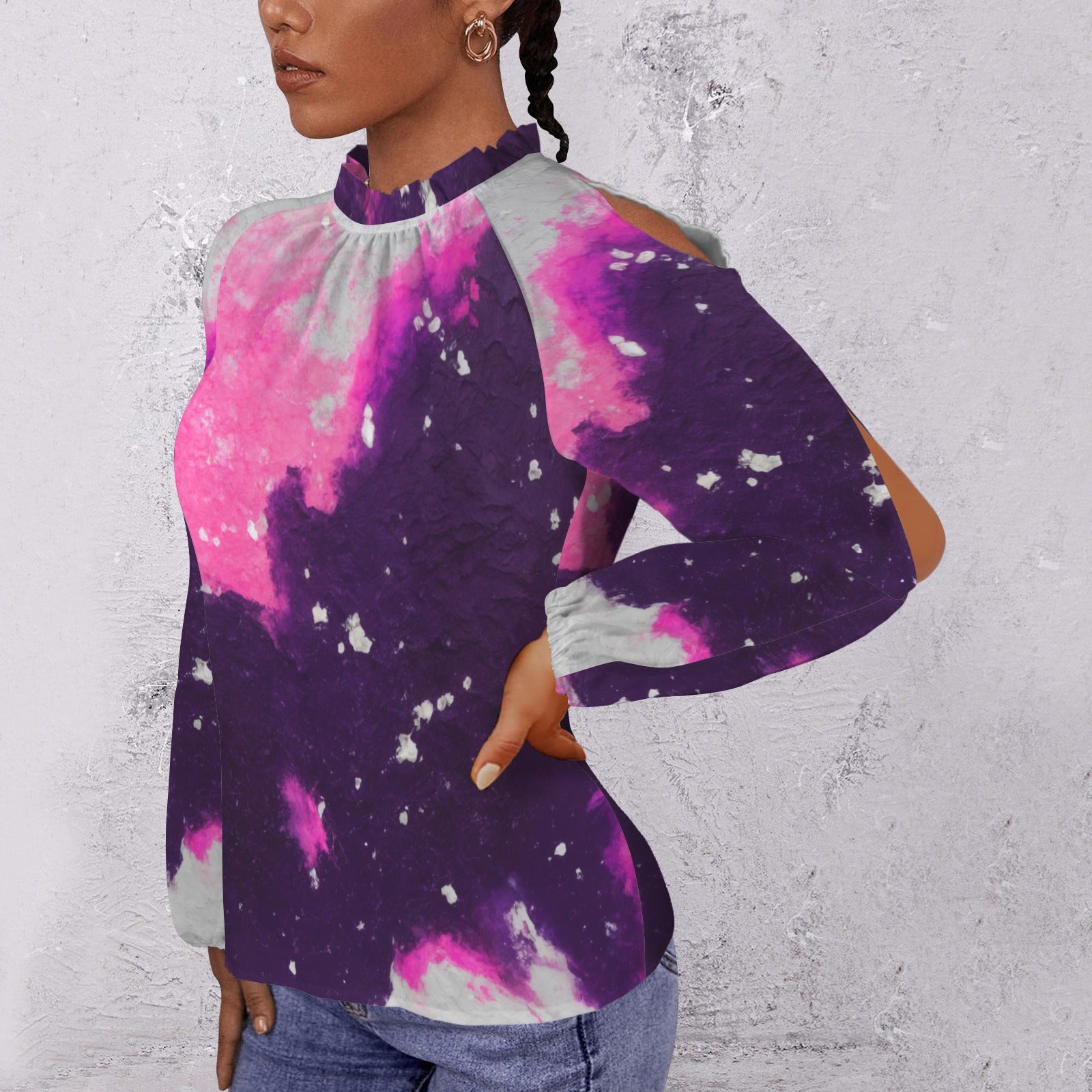 Shh...It's Art Abstract orgasm round neck long sleeve pleasted off shoulder blouse