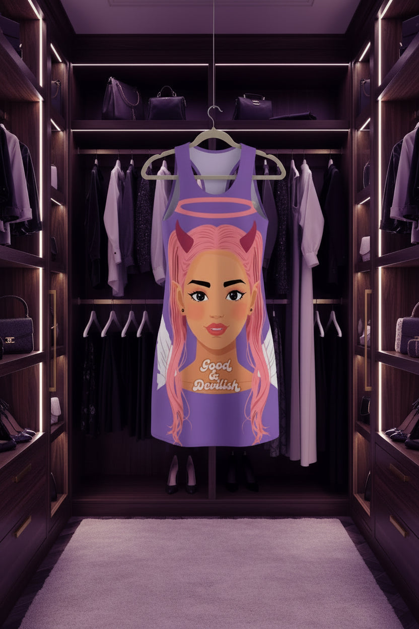 Purple racerback dress in a luxurious walk-in closet with purple lights