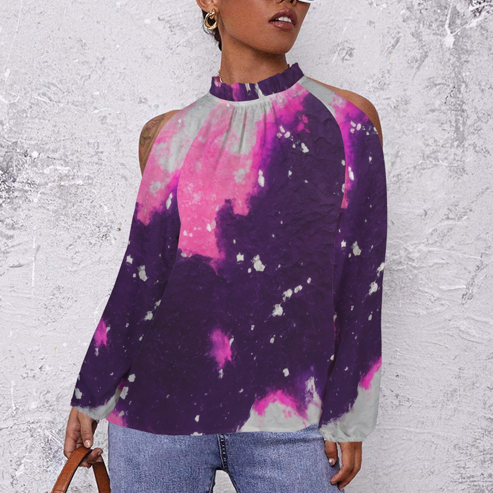 Shh...It's Art Abstract orgasm round neck long sleeve pleasted off shoulder blouse