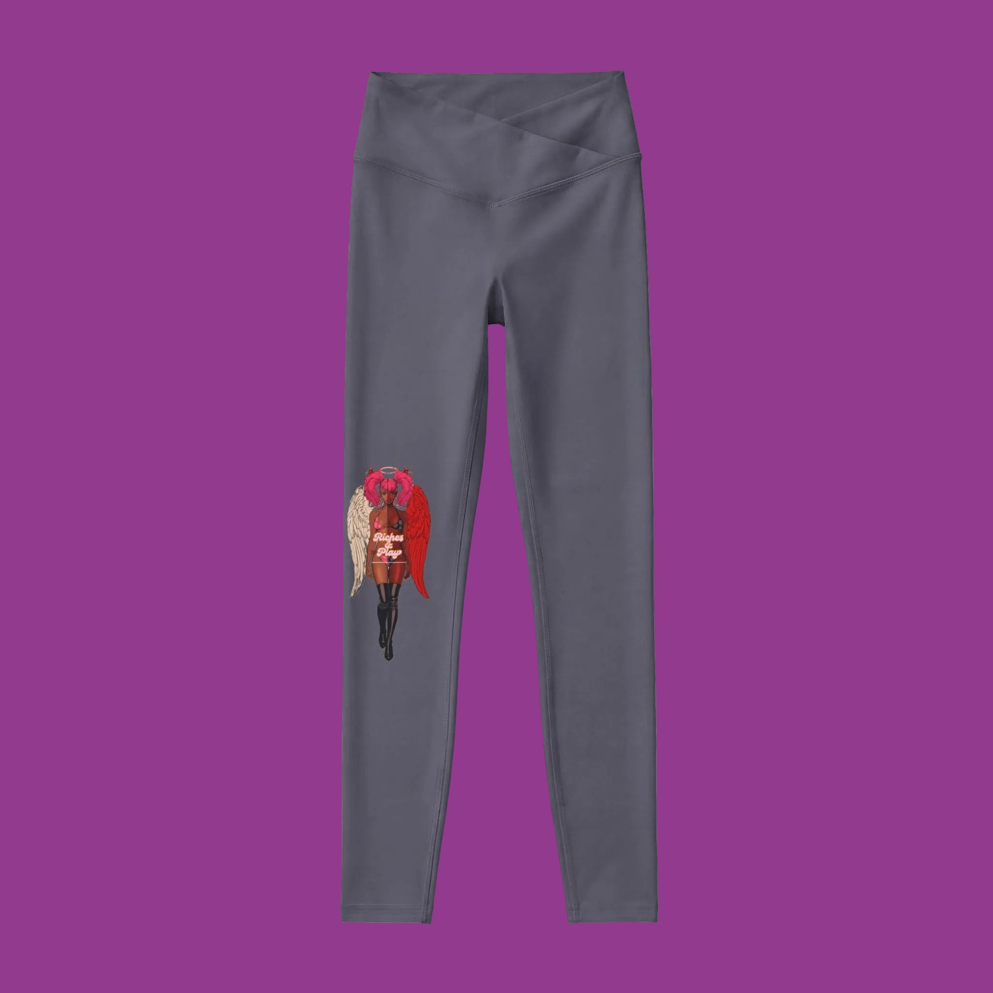 Legging with a devilish angel print on a purple background