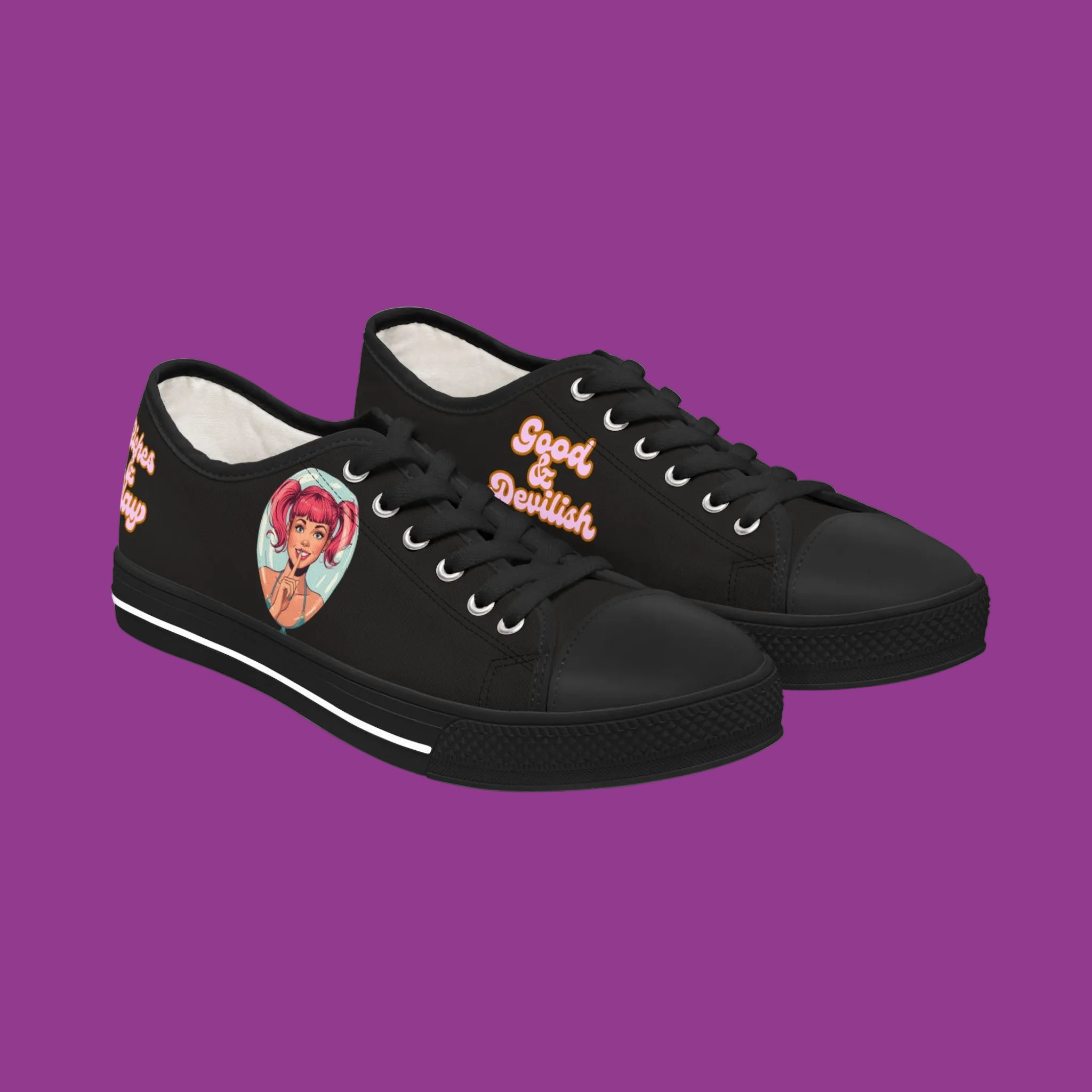 Black sneakers with graphic design and text on a purple background