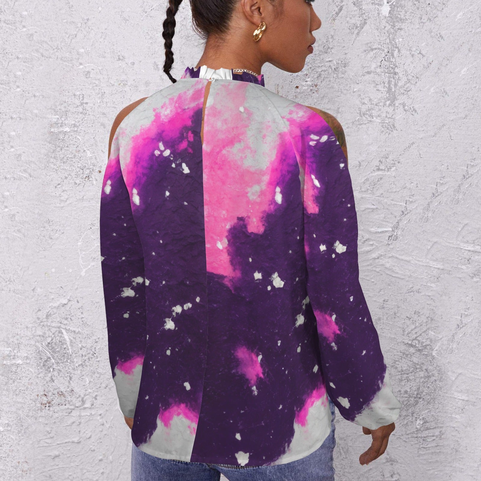 Shh...It's Art Abstract orgasm round neck long sleeve pleasted off shoulder blouse