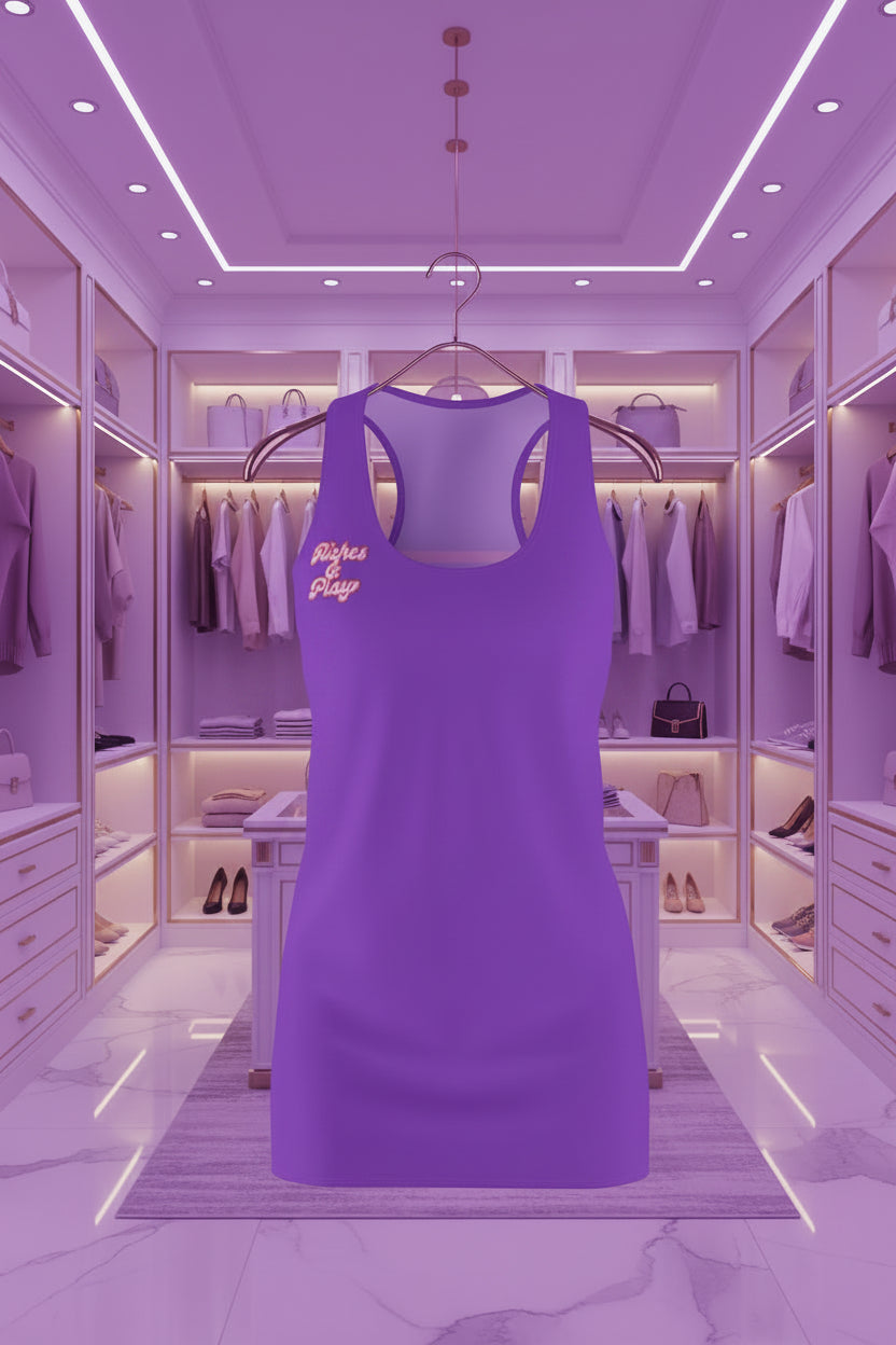 Purple Riches & Play Racerback dress in a luxurious walk-in closet