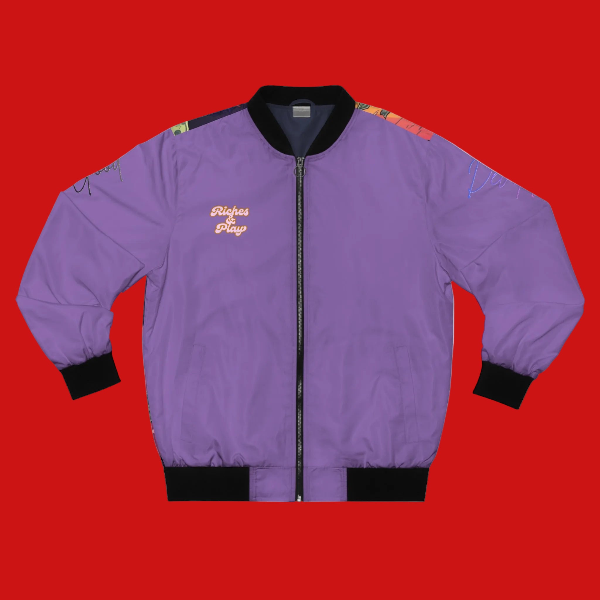 Purple jacket with black cuffs and collar on a white background