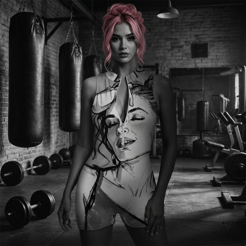 A woman with bright pink hair stands in a gym wearing a sleeveless bodysuit with a black-and-white illustrated face design. Heavy bags, dumbbells, and exercise equipment are visible in the background.