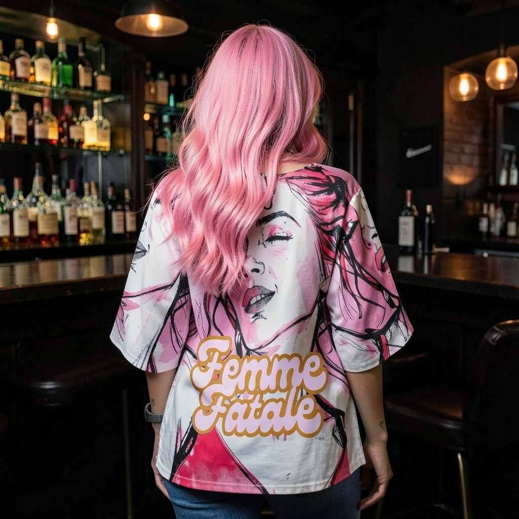 A person with long pink hair stands in a bar, viewed from behind, wearing a white graphic T-shirt with a stylized face print in pink, black, and red, and the words 'Femme Fatale' across the back in orange lettering.