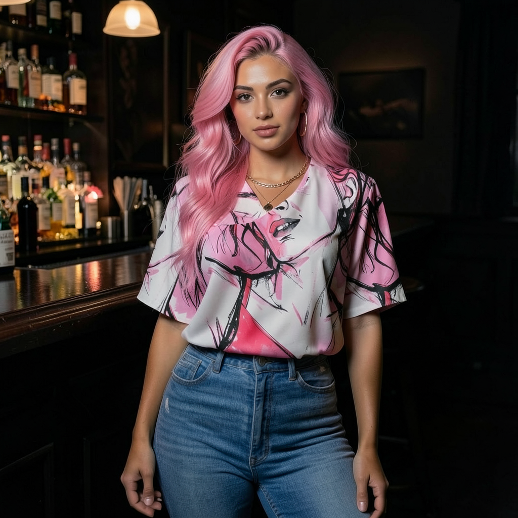 A woman with long pink hair stands in a dimly lit bar wearing a short-sleeve collared blouse with a pink, white, and black abstract print, paired with blue jeans.