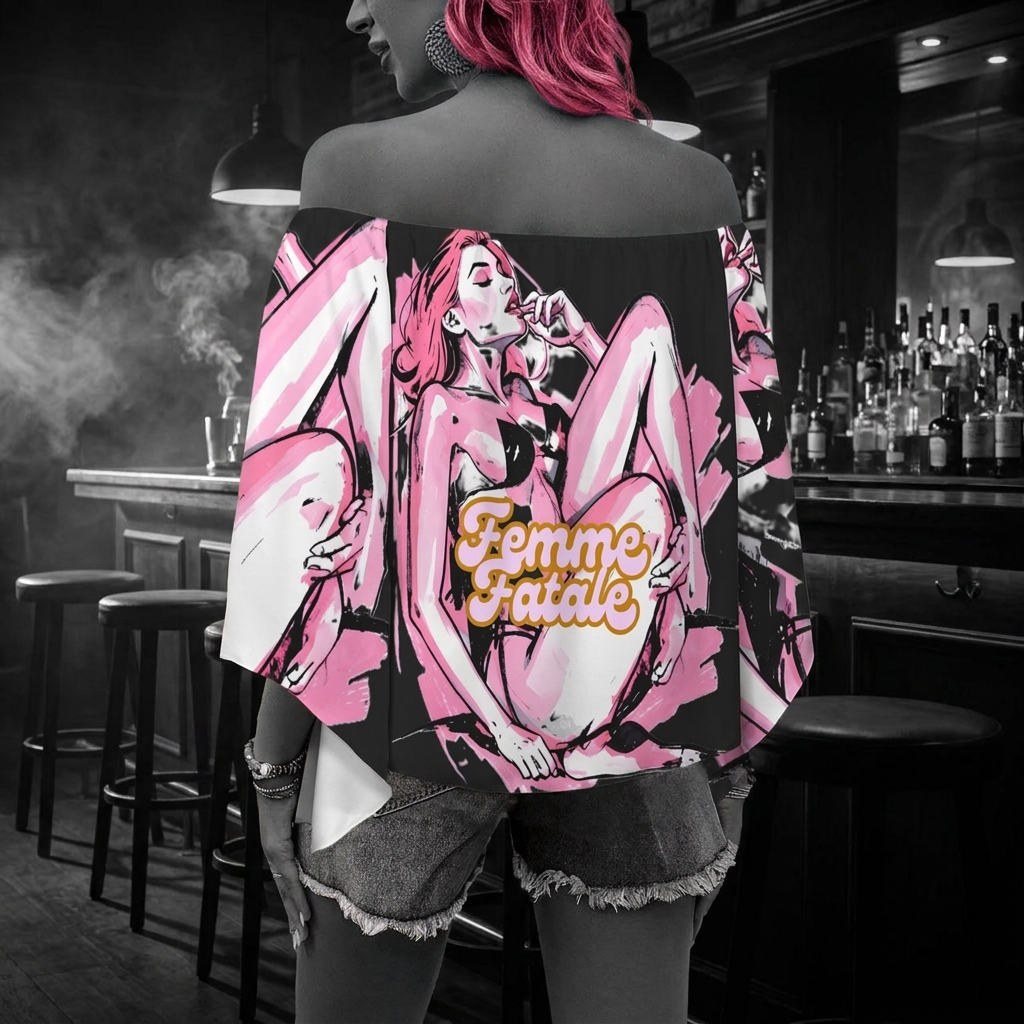 A woman stands with her back to the camera in a dimly lit bar setting, wearing an off-the-shoulder black top with a bold pink and white graphic print of a reclining woman and the words 'Femme Fatale' in orange script.