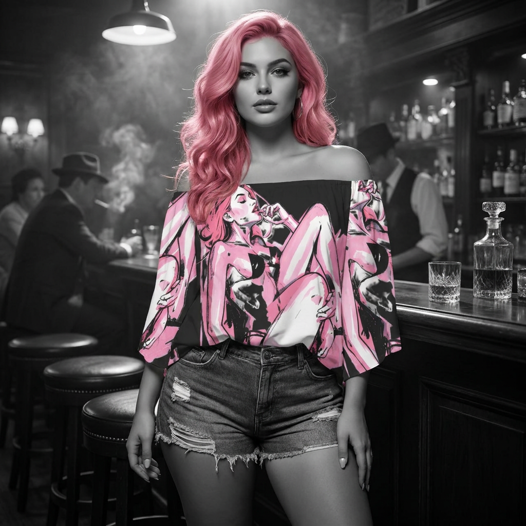 A woman with bright pink hair stands in a dimly lit bar wearing an off-the-shoulder top with a bold pink, black, and white graphic print, paired with distressed denim shorts.