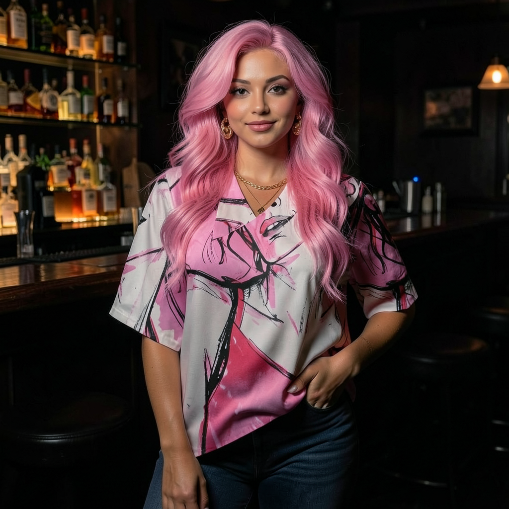 A woman with long pink hair stands in a dimly lit bar setting, wearing a short-sleeve button-up shirt with a pink, black, and white abstract brushstroke pattern, paired with dark blue jeans.