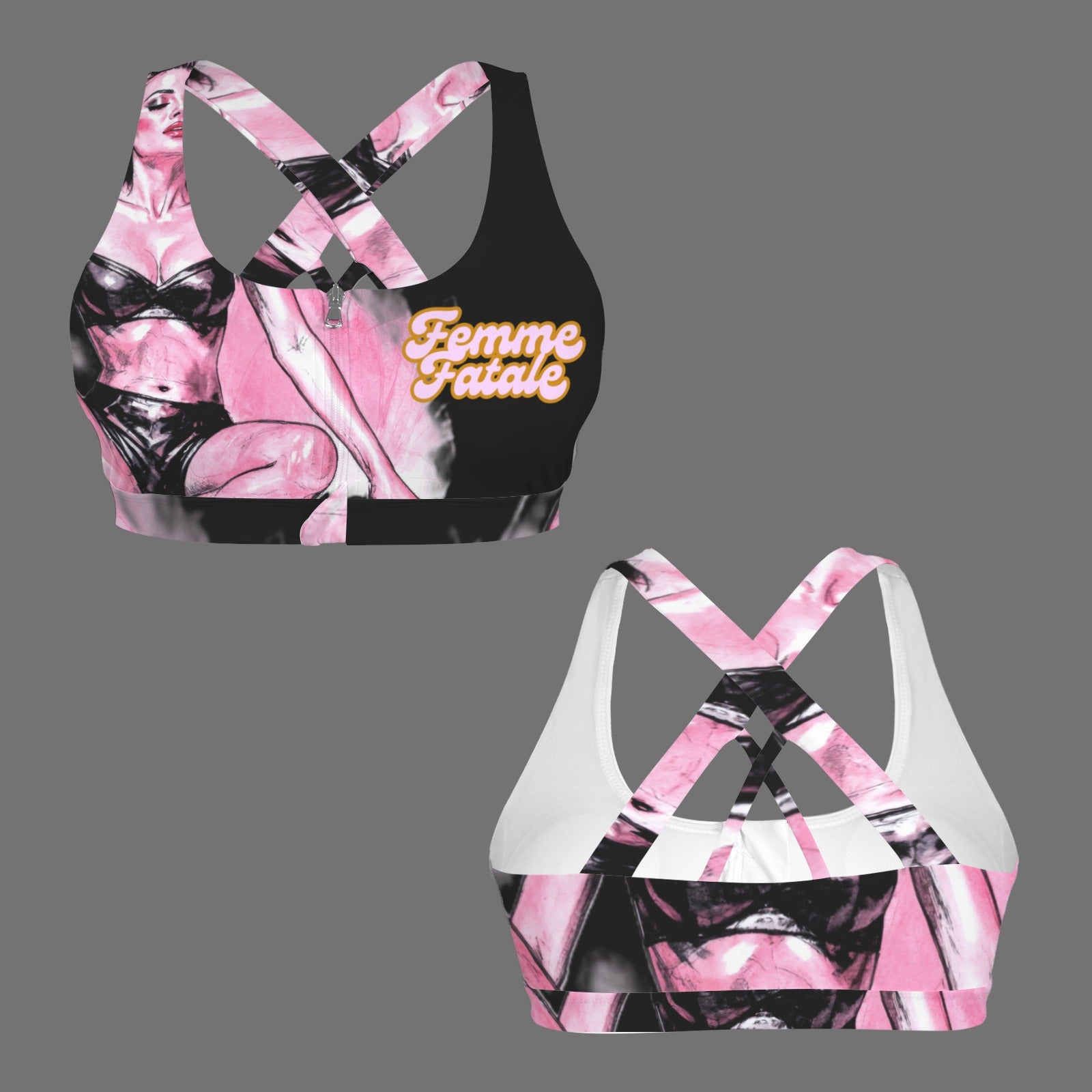 Femme Fatale Zipper front cross back sports bra