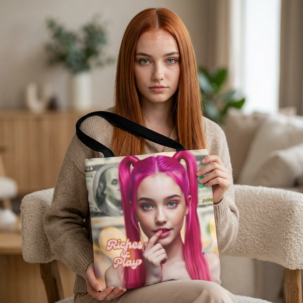 Woman holding a tote bag with a graphic design of a person with pink hair and text.