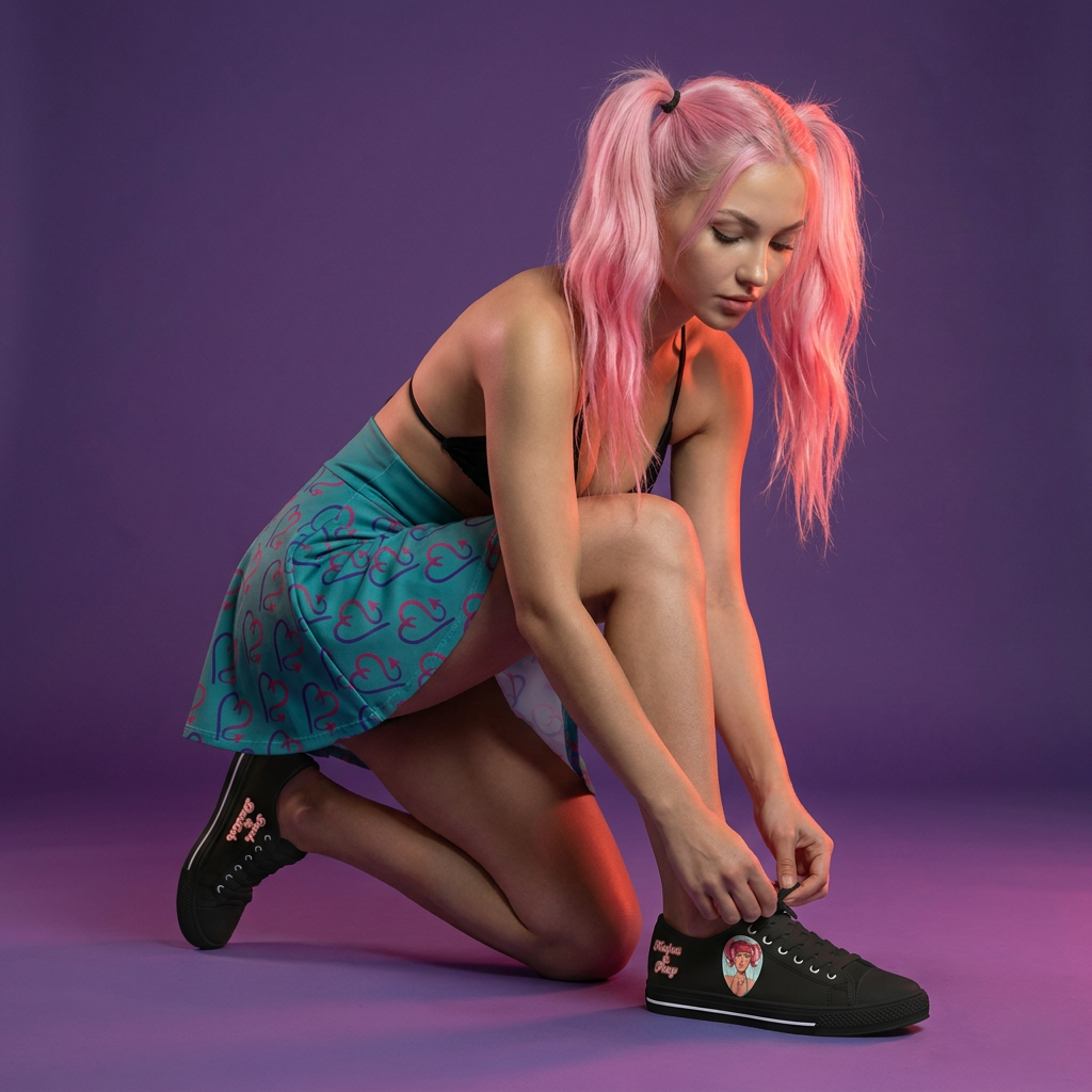 Woman with pink hair tying black sneakers against a purple background