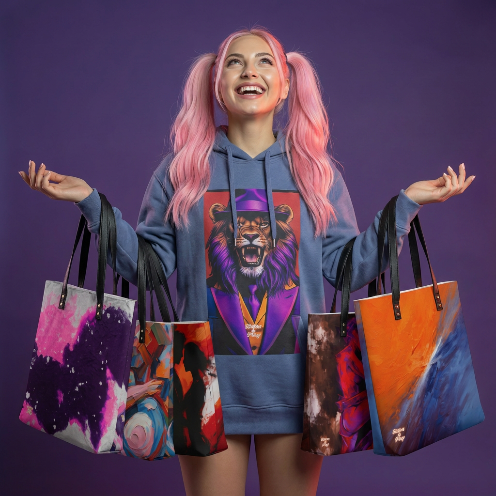 Woman with pink hair wearing a hoodie with a lion design, holding colorful bags against a purple background